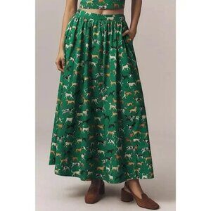 Anthropologie The Jacie Poplin Dog Print Green Maxi Skirt XL